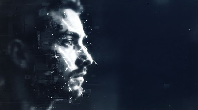 Abstract portrait of a man's face dissolving into digital pixels and dark shadows