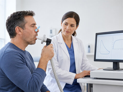Seated adult using a spirometer mouthpiece with a nose clip while a clinician monitors breathing curves on a computer screen in a bright examination room during a professional lung function assessment