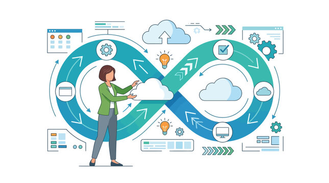 Professional female DevOps engineer managing cloud infrastructure and software development lifecycle flat vector illustration.