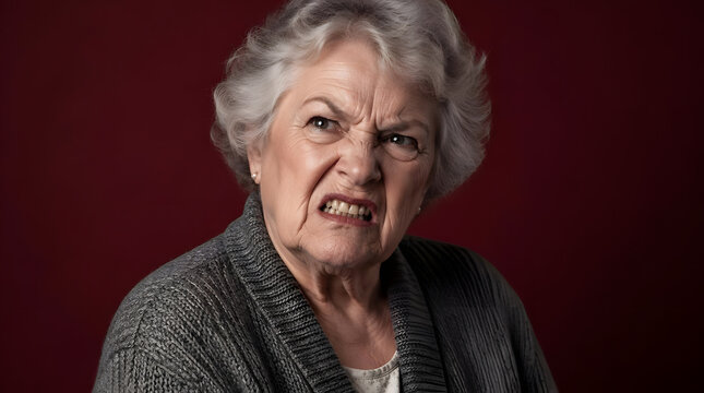 Elderly woman expressing intense anger and frustration.