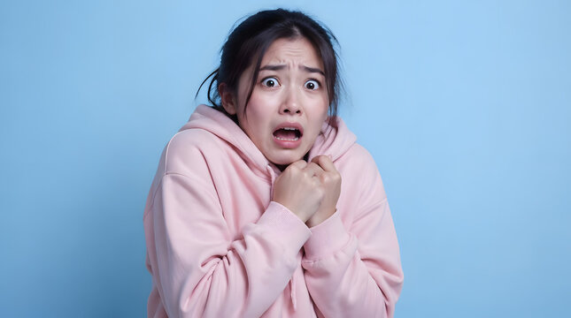 Young Asian woman expressing fear and shock with wide eyes and hands clasped.