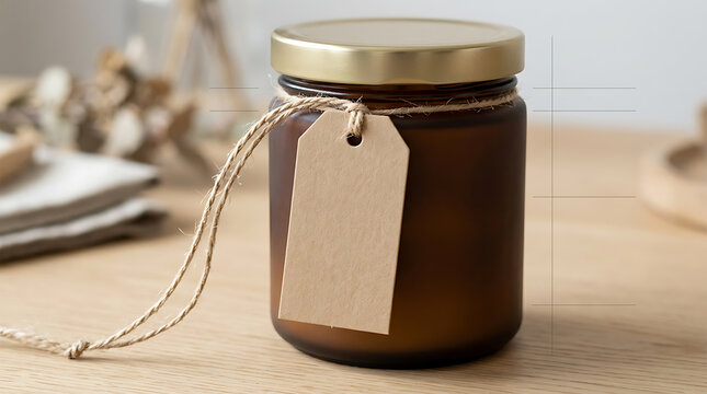 Minimalist honey jar mockup with tag on wooden surface for branding and product photography