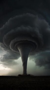 Powerful tornado forming in a dark stormy sky with swirling clouds and debris at its base
