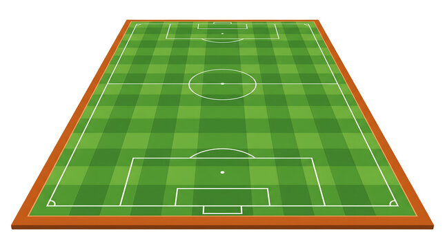 Green soccer field pitch with white boundary lines, center circle, penalty areas, goals, and checkered lawn on orange edge, three isometric 3D views stacked vertically on black background