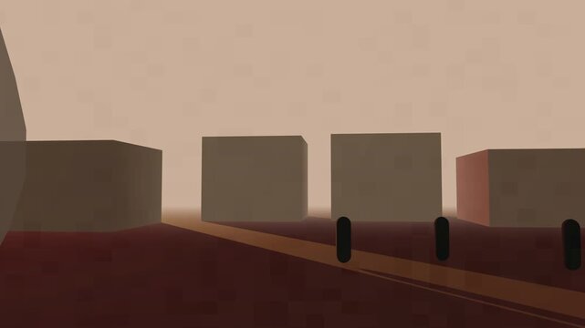 Analog Coastal Town: A 3D minimalist motion graphic featuring stylized, blocky architectural structures and stairs bathed in warm sunset lighting, representing an abstract coastal environment.