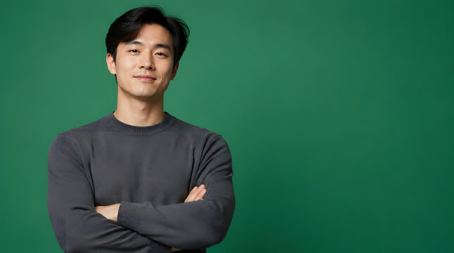 Confident young Asian man with arms crossed looking at camera.