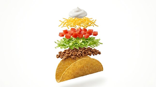 Floating taco ingredients stacked vertically against a white background