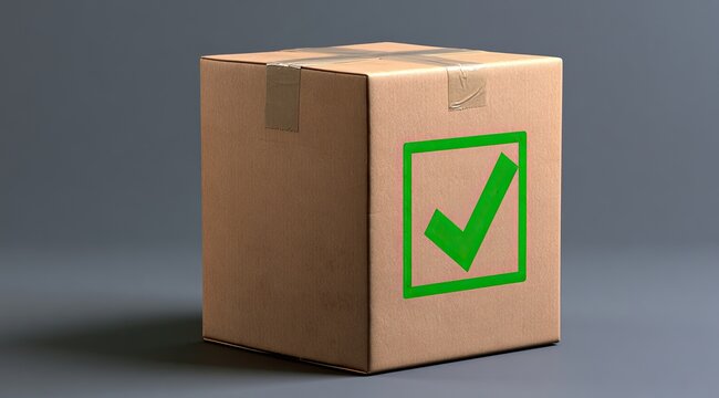 Cardboard Box with Green Check Mark Symbol for Approval.