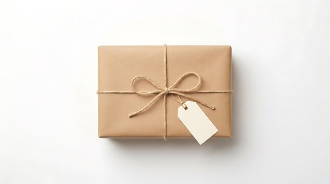 Wrapped brown paper gift box with twine bow and blank tag on white background