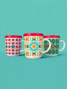 Flat style design of three coffee mugs with different patterns on each cup, evening, vector
