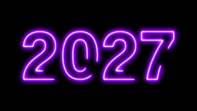 2027 Neon numbers animation video on black background with glow effect for new year