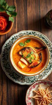 Golden chicken soup with fish maws served in a decorative dish, chicken, serving