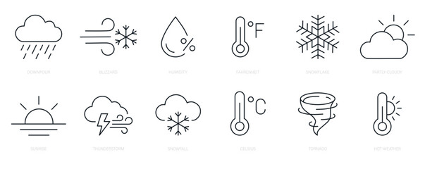 Fototapeta premium Weather web icons in line style. Rain, blizzard, humidity, temperature, snowflake, cloudy, sunrise, thunderstorm, snowfall, tornado and hot weather set editable stroke. Vector illustration.