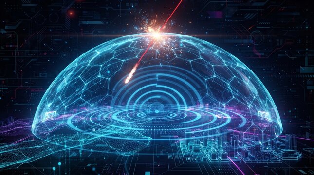 Futuristic missile interception by digital energy shield over city grid