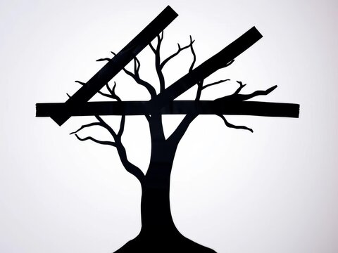 Silhouette of a tree made from black tape on a white background, nature, solid
