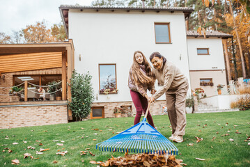 Obraz premium Raking autumn leaves in garden.