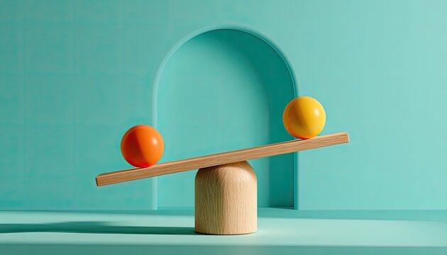Conceptual Balance Scale with Oranges on Teal Background.