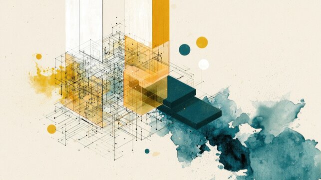 Abstract architectural blueprint merging with digital data flow and watercolor elements.