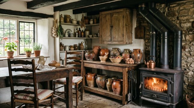 Rustic kitchen features a wood burning stove and numerous traditional clay pots on shelves.