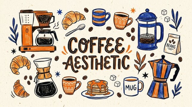 Hand-drawn Coffee Aesthetic Illustration Set with Mugs, Croissants, French Press, and Moka Pot for Cafe Decor
