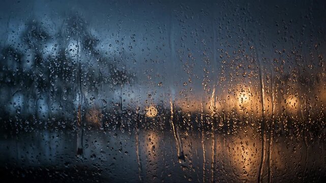 Raindrops on a Glass Window with Blurred City Lights at Dusk