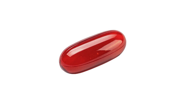 Single red medical capsule pill pharmaceutical product isolated on transparent background