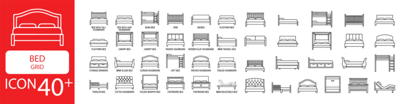 Bed Flat Line Icon Set, Bedroom Furniture Outline Icons with Bunk Bed Double Bed Canopy Sleigh Bed and Headboard Vector Collection