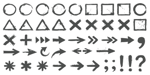 Fototapeta premium Set of black hand drawn ink brush shapes arrows circles squares crosses and punctuation marks for design work