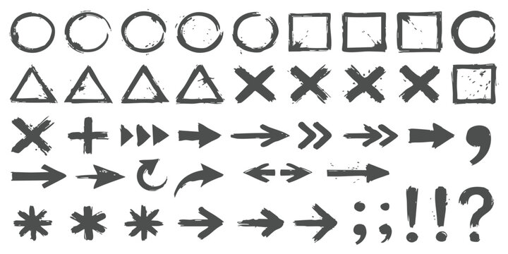 Set of black hand drawn ink brush shapes arrows circles squares crosses and punctuation marks for design work