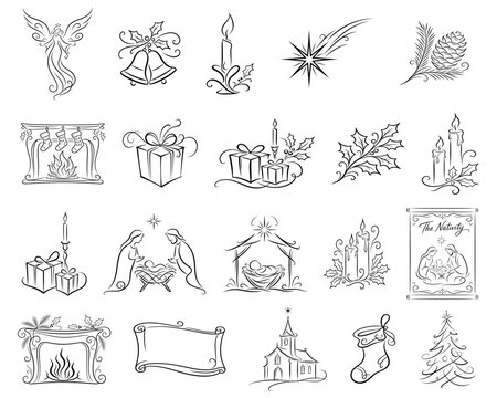 Christian Nativity and Christmas Story Artistic Brush Stroke Graphics, Ink Brush Calligraphy Christmas Vector Elements Collection Isolated On Transparent Background