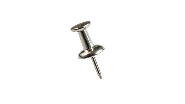Classic metallic silver office stationery push pin isolated on transparent background