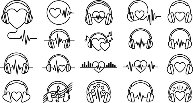 Minimalist black and white headphones heart music vector icons set for audio branding creative ui dashboards and editable layouts.
