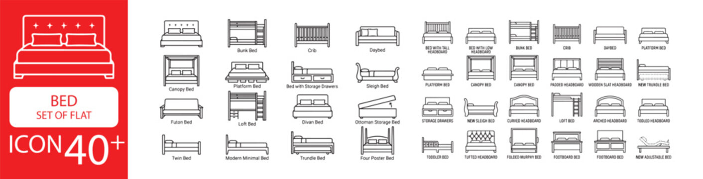 Bed Flat Line Icon Set, Bedroom Furniture Outline Icons with Bunk Bed Double Bed Canopy Sleigh Bed and Headboard Vector Collection