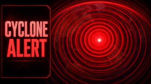 Red Cyclone Alert Visual with Concentric Circles and Glowing Center for Weather Warning