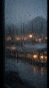 Raindrops on Window Pane with Blurred City Lights Creating a Moody Atmosphere at Night
