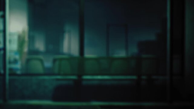 A tranquil yet unsettling scene unfolds in a softly illuminated waiting area. Shadows dance on the walls while empty seats linger in the silence, inviting thoughts of waiting and anticipation.