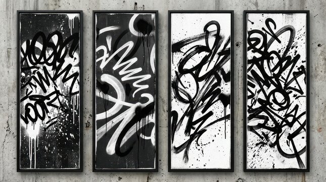 Modern Abstract Black and White Graffiti Art Set of Four Vertical Framed Canvases on Concrete Wall Background