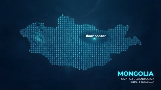 Mongolia map illustrated with glowing blue digital dots featuring Ulaanbaatar as the capital city on a dark navy abstract background