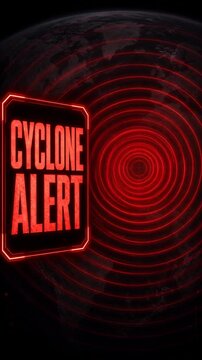 Red Neon Cyclone Alert Sign with Concentric Warning Circles Against Dark Background