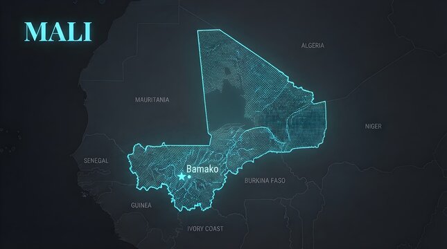 Glowing digital map of Mali featuring intricate dot patterns and clear geographic borders displayed against a dark modern creative background