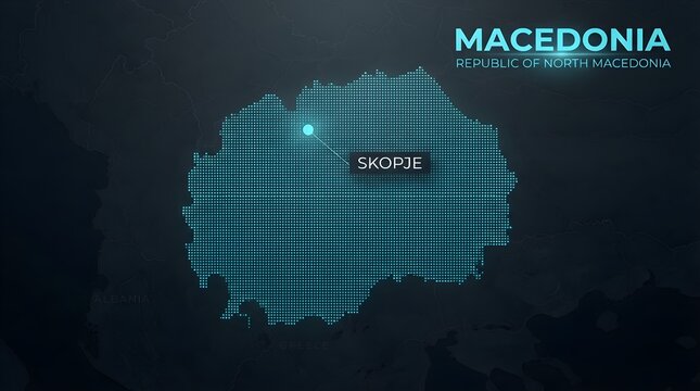 North Macedonia country map illustration featuring a glowing blue dotted pattern and the capital city Skopje marked with modern typography