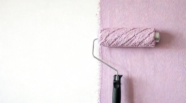 A paint roller with lavender paint applies a fresh coat to a white wall, creating a soft purple gradient. The textured roller shows wet paint coverage on the surface.
