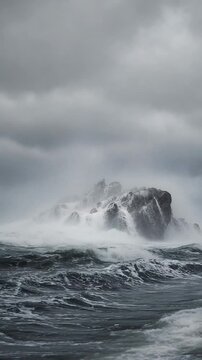 Rugged Rock Formation Surrounded by Crashing Waves Under a Stormy Sky