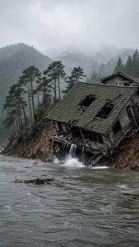 Ruined House Perched on Mudslide by River Surrounded by Misty Mountains
