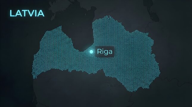 Latvia country map highlighted with glowing blue digital dot patterns featuring the capital city riga on a dark background surface