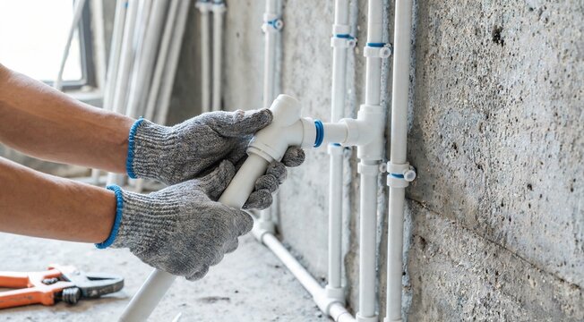 A worker wearing gray gloves adjusts a white PVC pipe connection with blue clamps against a concrete wall during plumbing installation work.