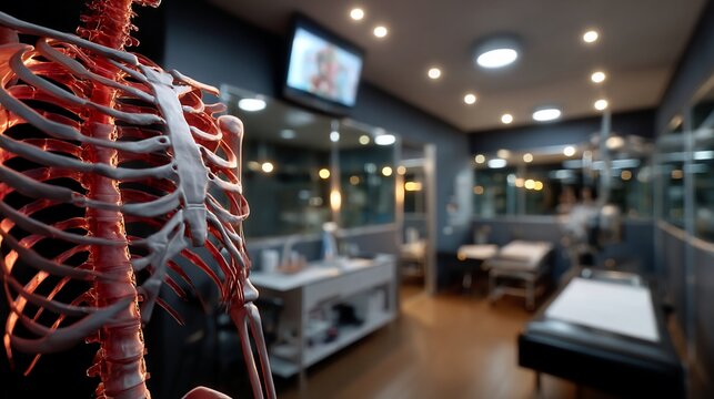 Ribcage in a clinical setting with blurred medical equipment and examination table