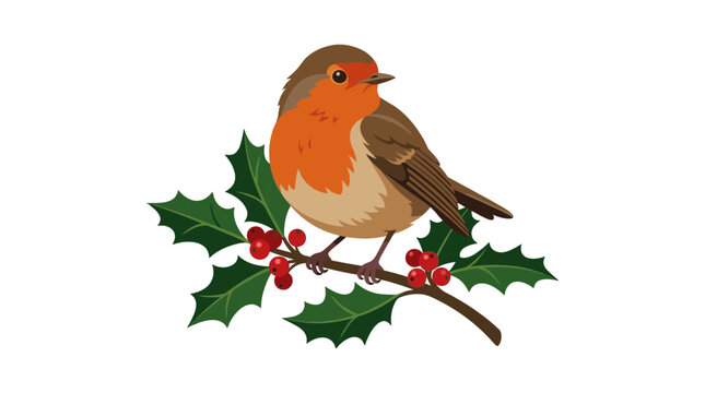 Robin bird perched on a holly branch, isolated