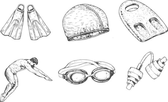 Swimming equipment and aquatic elements set, hand-drawn in black and white vintage style with Squid, Swimming Goggles, Swimming Cap, Swimming Kickboard, Dumbbell and Swimming Fins
