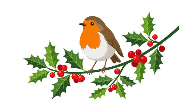Robin bird perched on holly branch, isolated